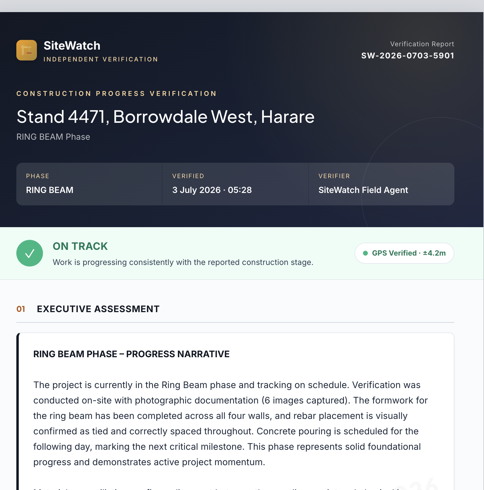 Sample SiteWatch verification report — cover and AI assessment